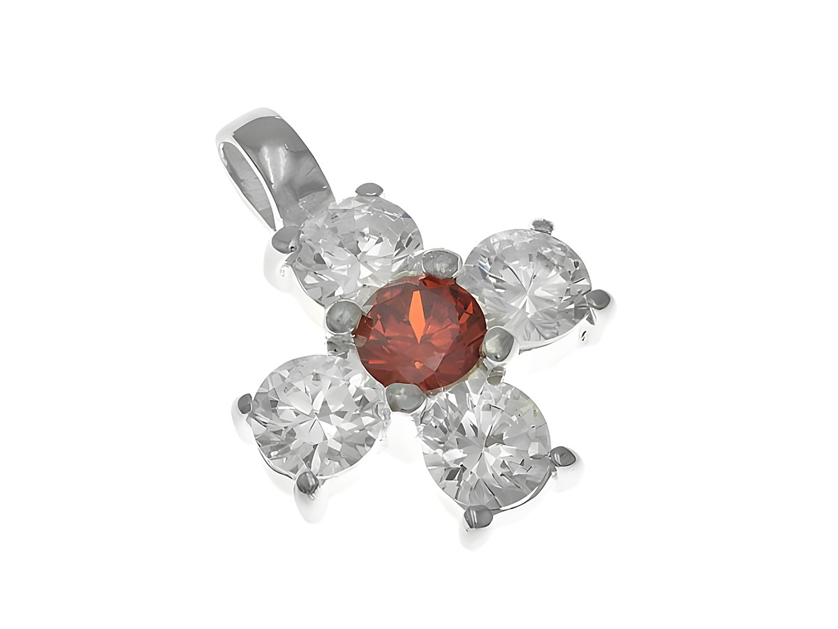Anhänger Kreuz funkelnd in Silber mit weißem und rotem Zirkonia Stein, Hersteller Juwelier Harnisch, ideal für eleganten Schmuck.