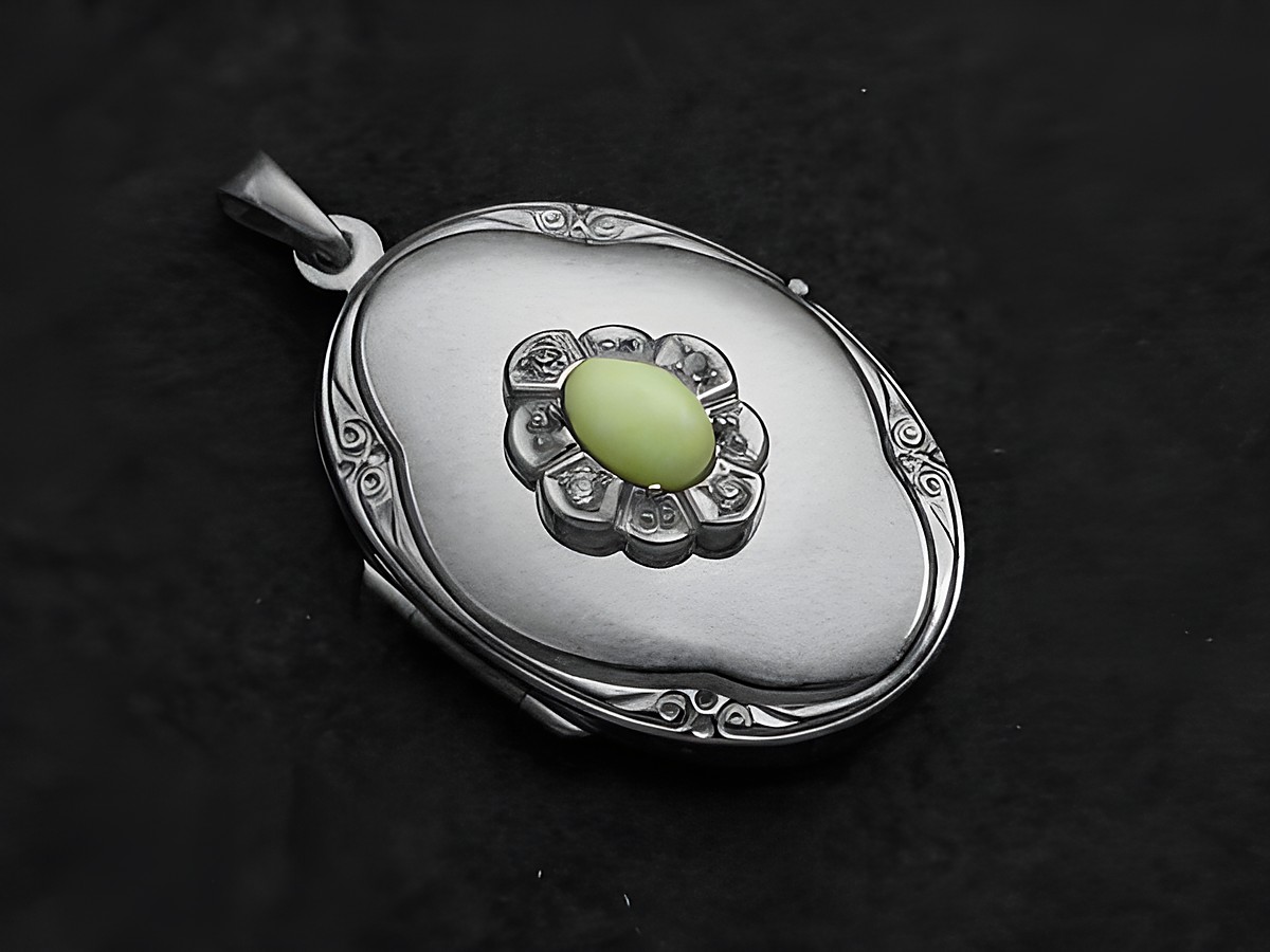 Chrysopras Lemon Medaillon Cabochon in Weißgold 333 mit Brillanten, exquisit gestaltet von Juwelier Harnisch, ideal für elegante Anlässe oder als stilvolles Geschenk.