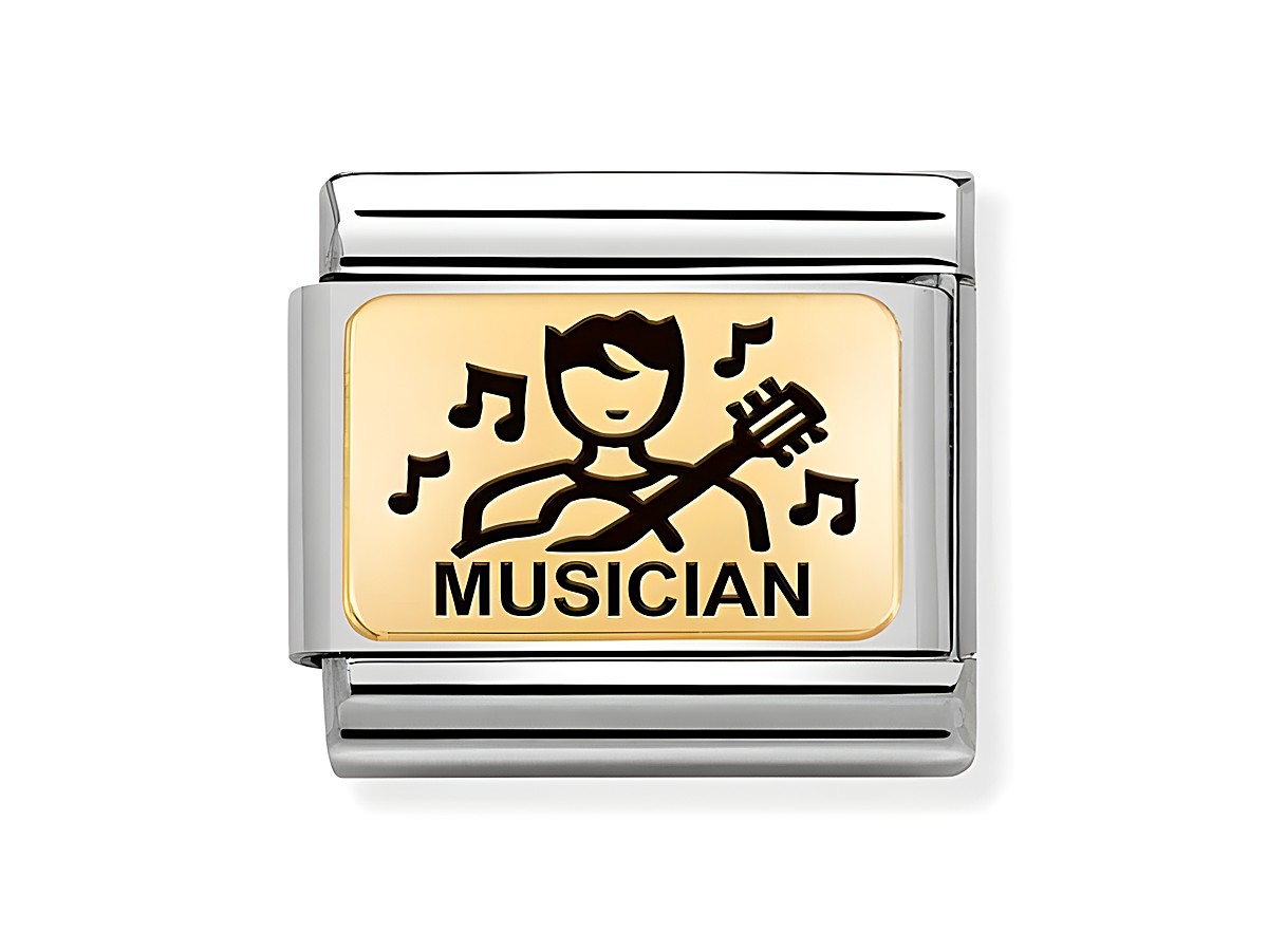 Edelstahl und Gold charm von Nomination mit emaillierter Darstellung eines Musikers, der eine Gitarre hält, umgeben von Noten und dem Wort MUSICIAN.