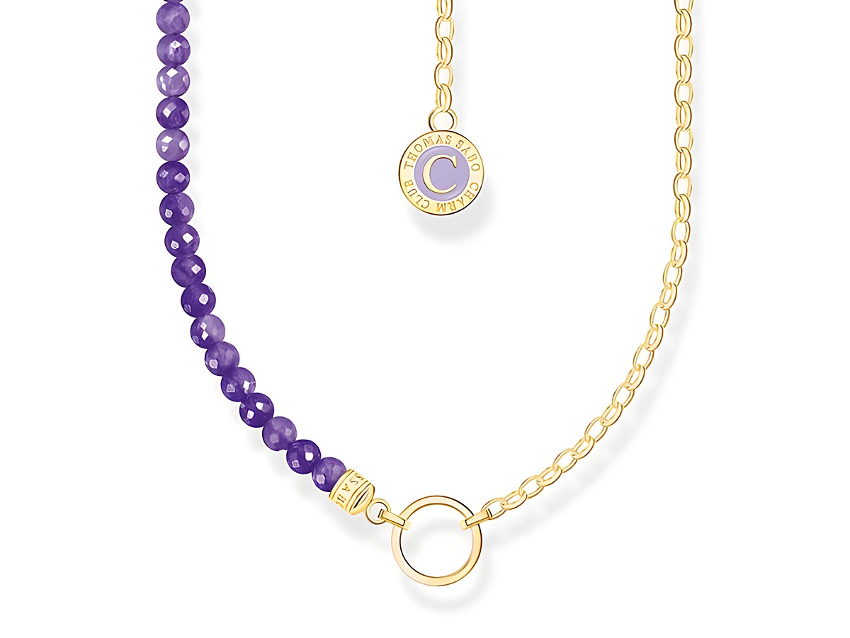 Violetfarbene Gliederkette aus Calcedon mit silberner und vergoldeter Verarbeitung von Thomas Sabo, kombiniert mit einem Anhänger und rundem Verschluss.