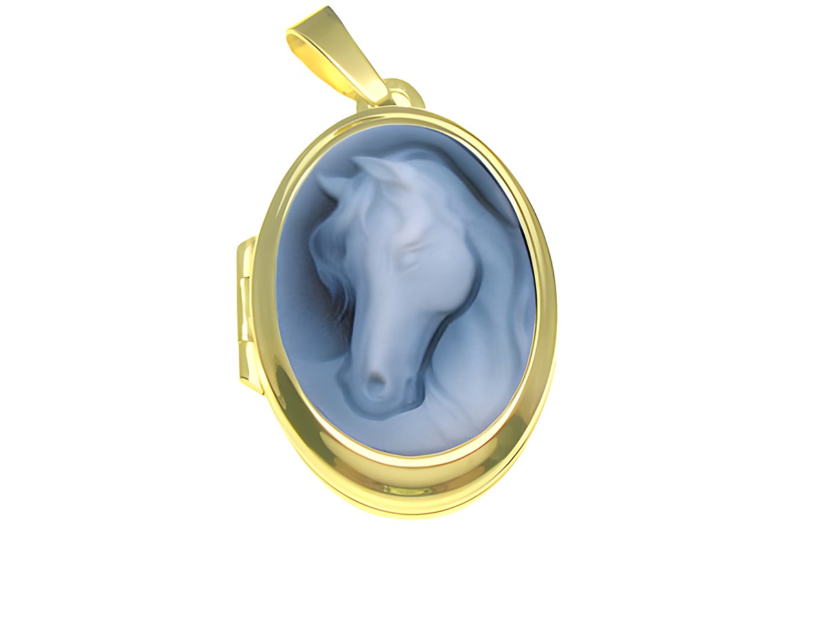 Pferd Achat Gemme Medaillon aus Gold 585, Hersteller Juwelier Harnisch, mit stilisierter Darstellung eines Pferdekopfes auf blauer Gemme.