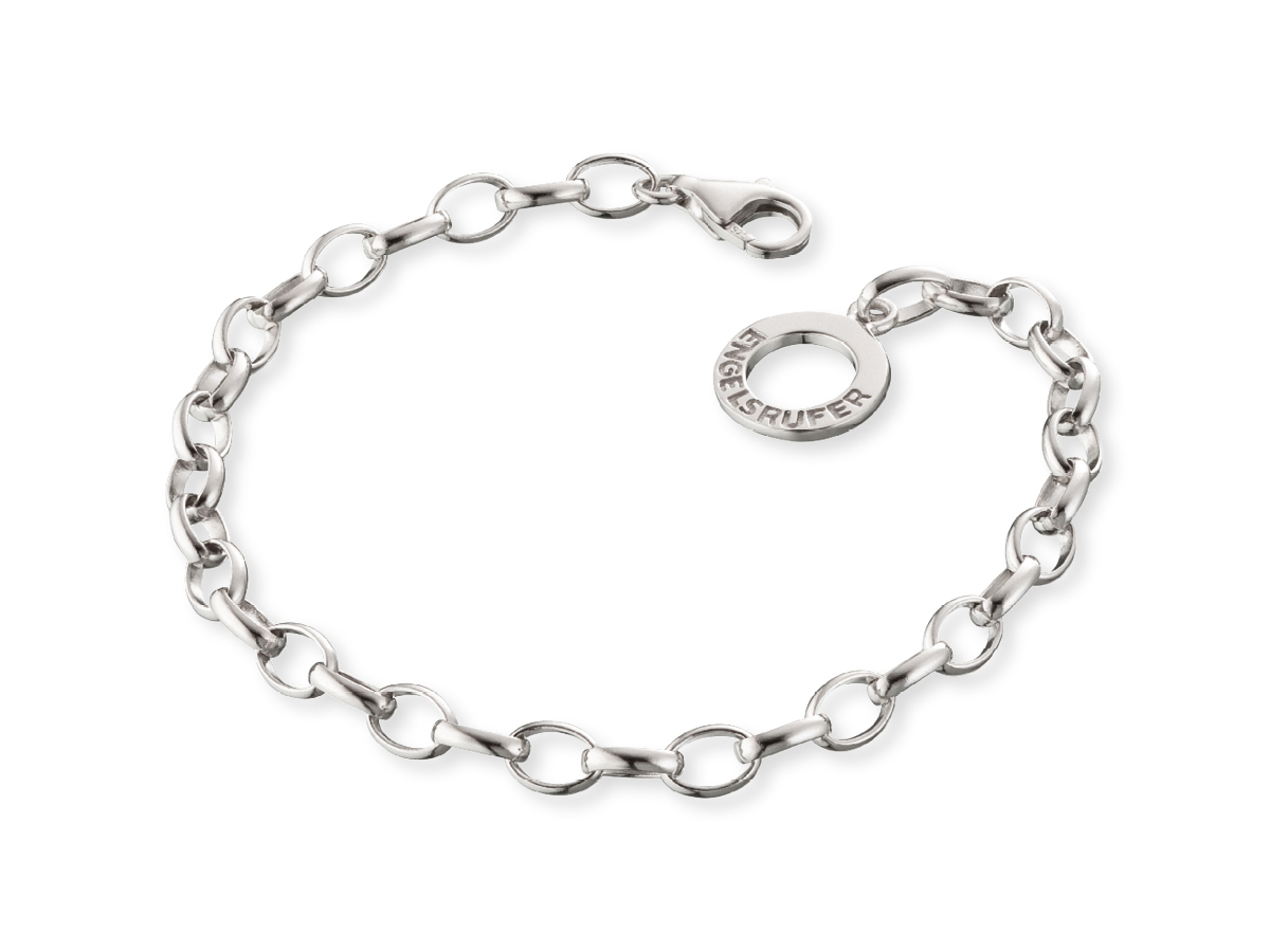 Silber rhodiniertes Charm Armband von Engelsrufer mit ovalen Gliedern und einem runden Anhänger. Das Armband hat eine Länge von 19,5 cm und einen Karabinerverschluss.