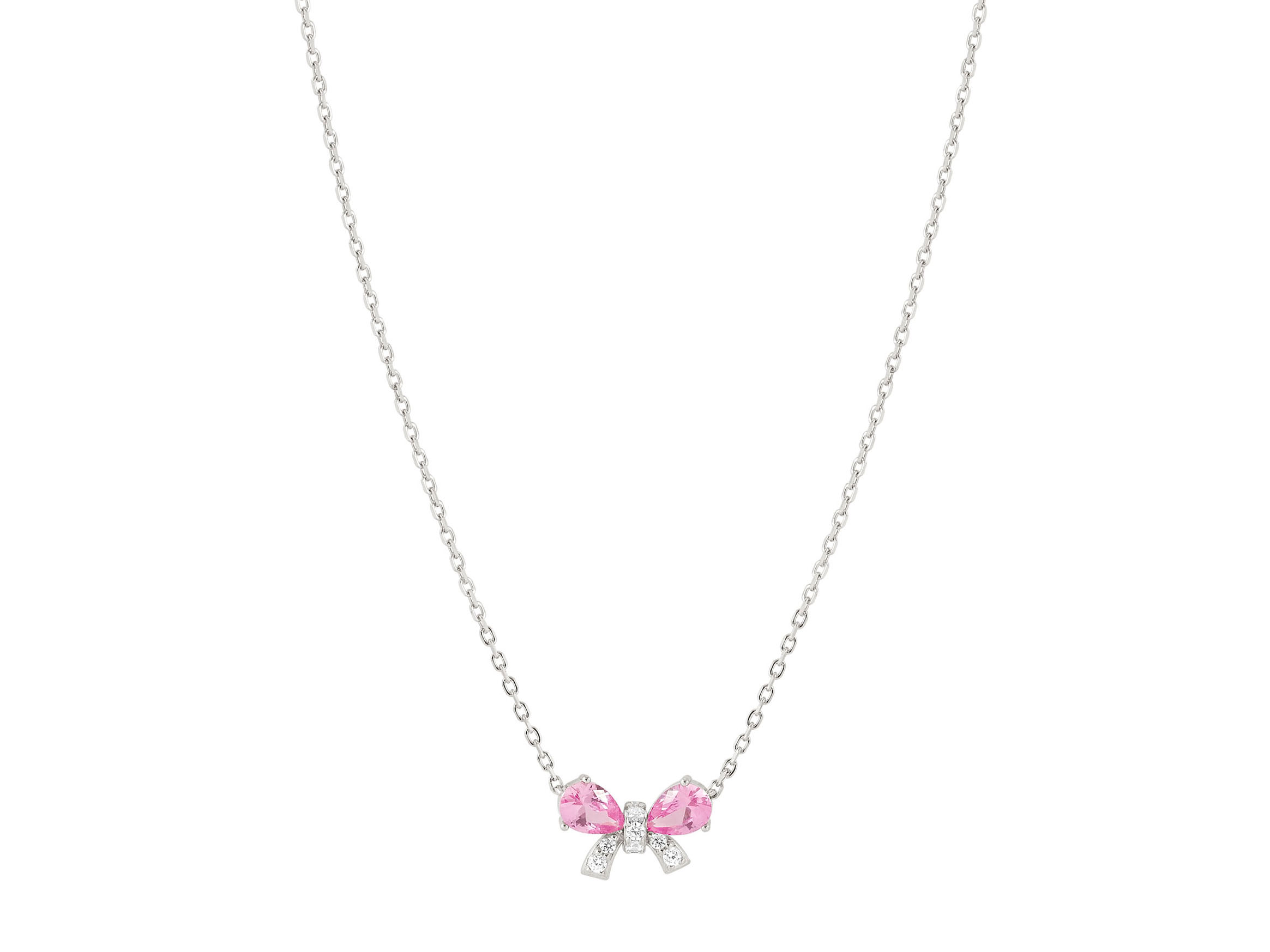 Die Halskette aus Sterling Silber mit Zirkonia zeigt eine elegante Schleife in Weiß und Rosa, ideal für feminine Akzente. Die Kette hat eine Länge von 44 cm und verleiht jedem Outfit einen Hauch von Glamour.