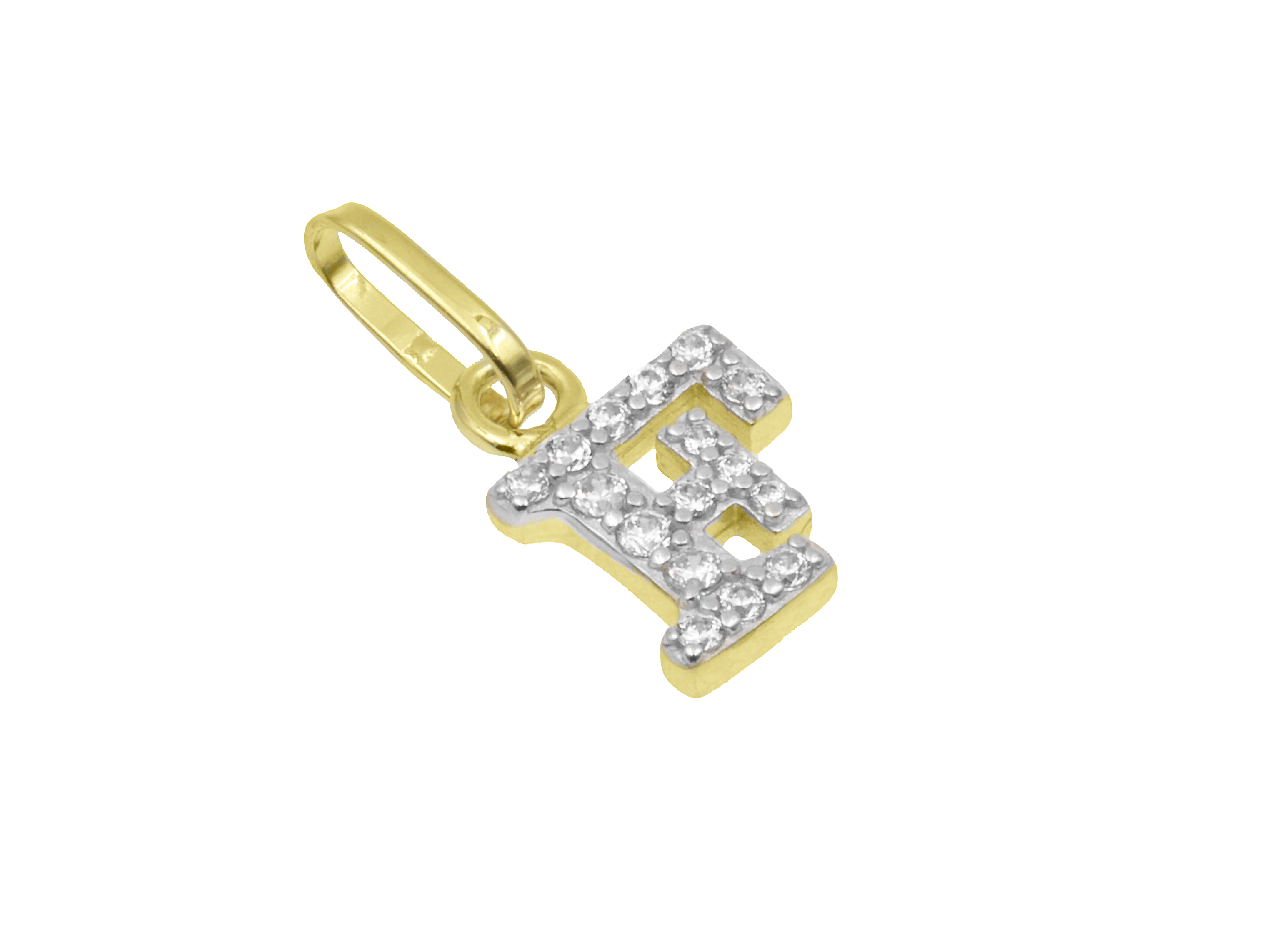 Buchstaben Anhänger - Buchstabe F - Sterling Silber Gelbgold Vergoldung - Zirkonia Buchstabenanhänger F aus Sterling Silber mit Gelbgold-Vergoldung, verziert mit Zirkonia, Hersteller Juwelier Harnisch. Ideal als Schmuckstück für besondere Anlässe.