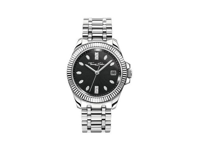 Elegante Damenuhr von Thomas Sabo mit schwarzem Ziffernblatt und silbernem Armband, Ziffern und Indizes besetzt mit klaren Steinen, stilvolles Design für besondere Anlässe.