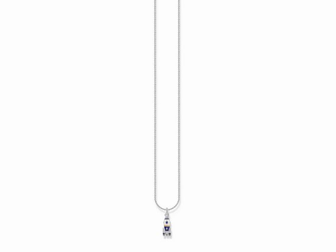 Silberne Kette von Thomas Sabo mit Raketen-Anhänger, verziert mit mehrfarbigen Zirkonia und Glas-Keramik Stein, verstellbar von 38 bis 45 cm.