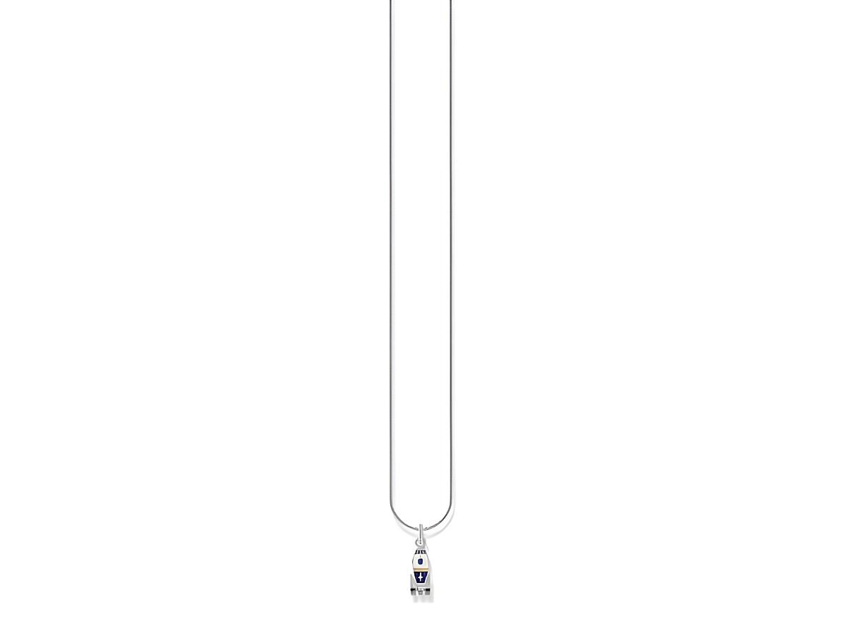 Silberne Kette von Thomas Sabo mit Raketen-Anhänger, verziert mit mehrfarbigen Zirkonia und Glas-Keramik Stein, verstellbar von 38 bis 45 cm.