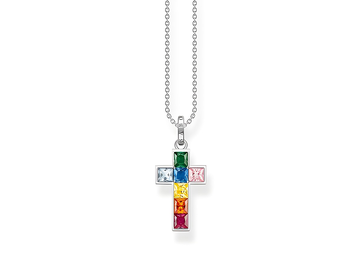 Kette aus Sterling Silber von Thomas Sabo mit einem bunten Regenbogenkreuz als Anhänger, mit verschiedenen facettierten Steinen in lebendigen Farben, Länge 45 cm.