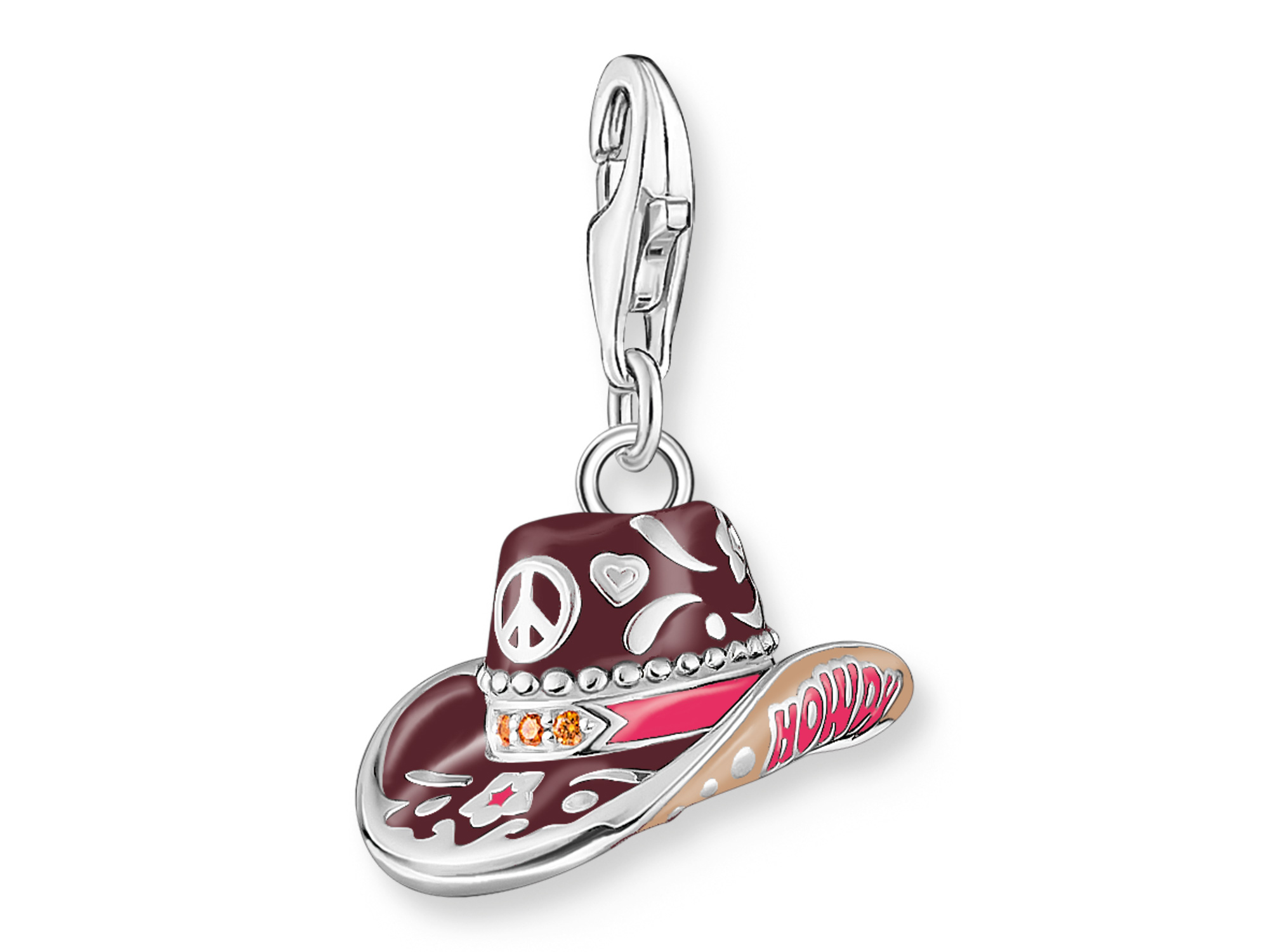 Ein bunter Cowboy-Hut Charm-Anhänger aus Silber mit verschiedenen dekorativen Elementen und einem Schriftzug, der "Howdy" zeigt, ideal für Modeaccessoires.