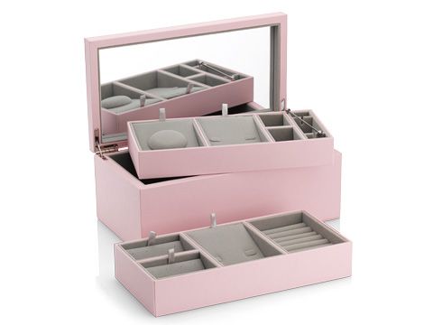 Pandora Schmuckbox in rosafarbenem Design, Größe medium 27,5 cm, mit einem Spiegel und mehreren Fächern zur Aufbewahrung von Schmuck und Accessoires, geeignet für Pflege und Ordnung.