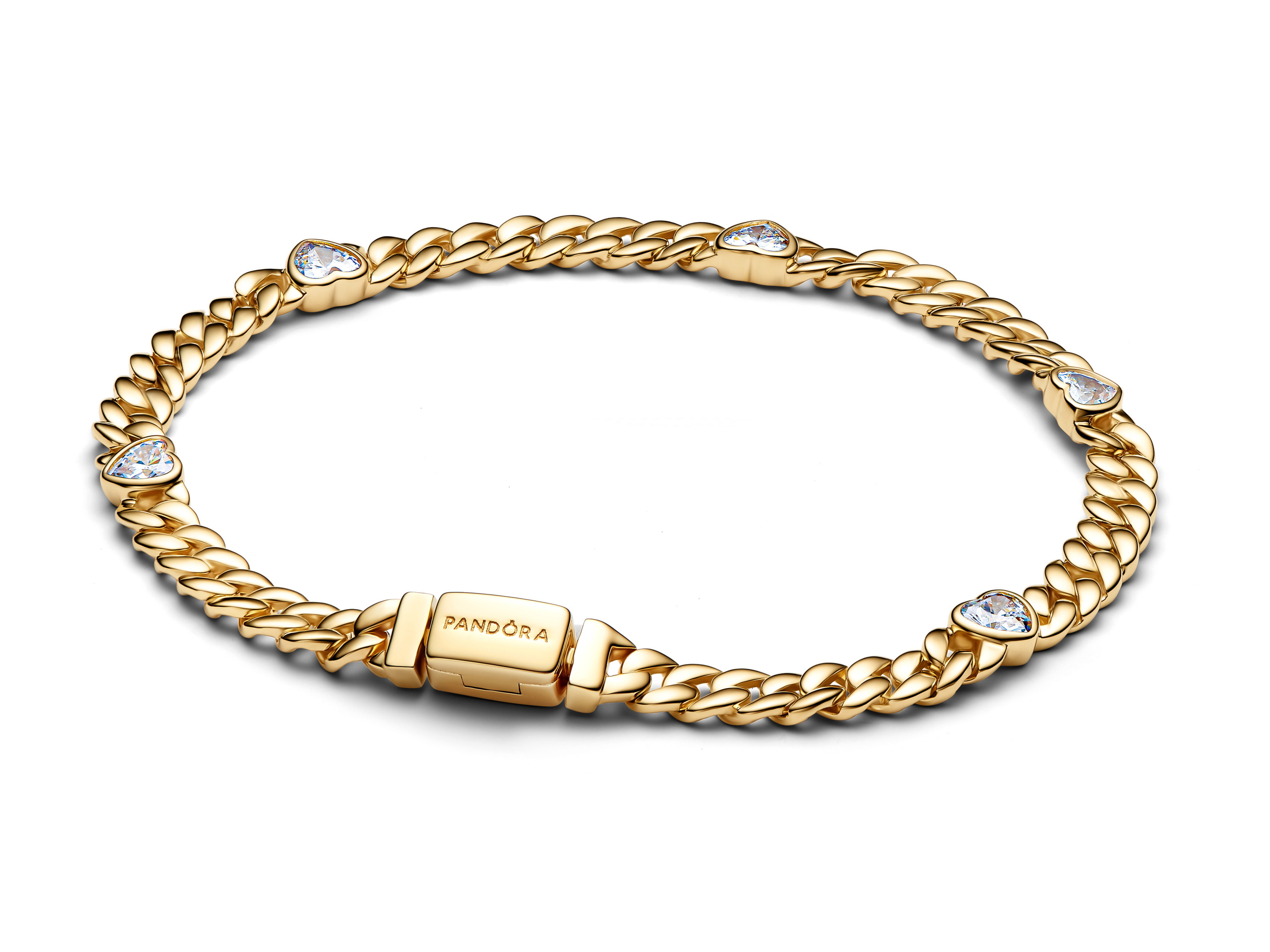 Pandora 564226C01-20 - Herz Cuban-Panzerarmband - Gelbgold Vergoldung - Zirkonia - 20 cm Ein elegantes Herz Cuban-Panzerarmband in Gelbgold Vergoldung mit funkelnden Zirkonia-Steinen, geeignet für einen Handgelenkumfang von 16 cm, präsentiert von Pandora.