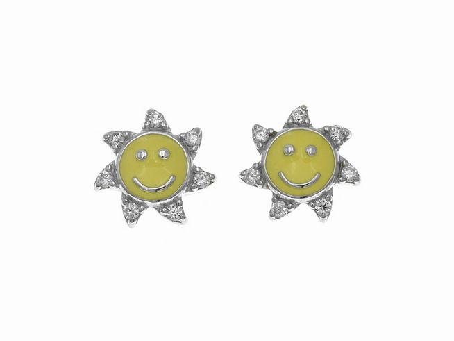 Ohrstecker aus Sterling Silber in Sonnenform, poliert und rhodiniert, mit gelbem Lack und Zirkonia für Kinder, fröhliches Design.