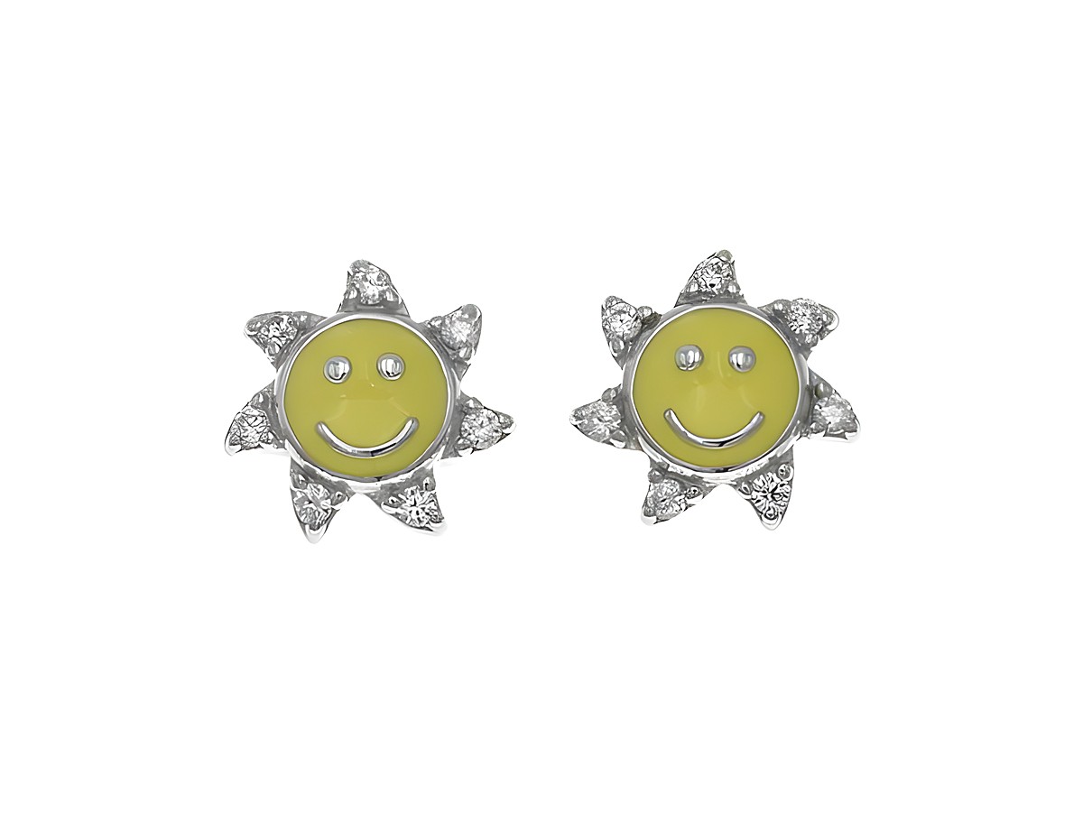 Ohrstecker aus Sterling Silber in Sonnenform, poliert und rhodiniert, mit gelbem Lack und Zirkonia für Kinder, fröhliches Design.