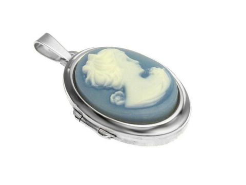 Gemme Medaillon Cabochon babyblau 925 Silber rhodiniert mit edler Gemme, die ein Profil einer Frau in kunstvoller Darstellung zeigt, perfekt für den eleganten Schmuckliebhaber.