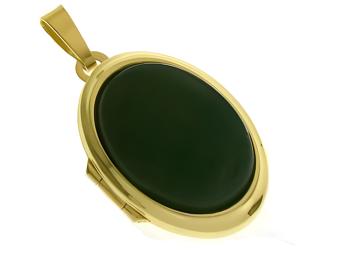 Achat grün Medaillon mit Cabochon in Gold 585, gefertigt vom Juwelier Harnisch, elegantes Design, ideal als Schmuckstück oder Geschenk.