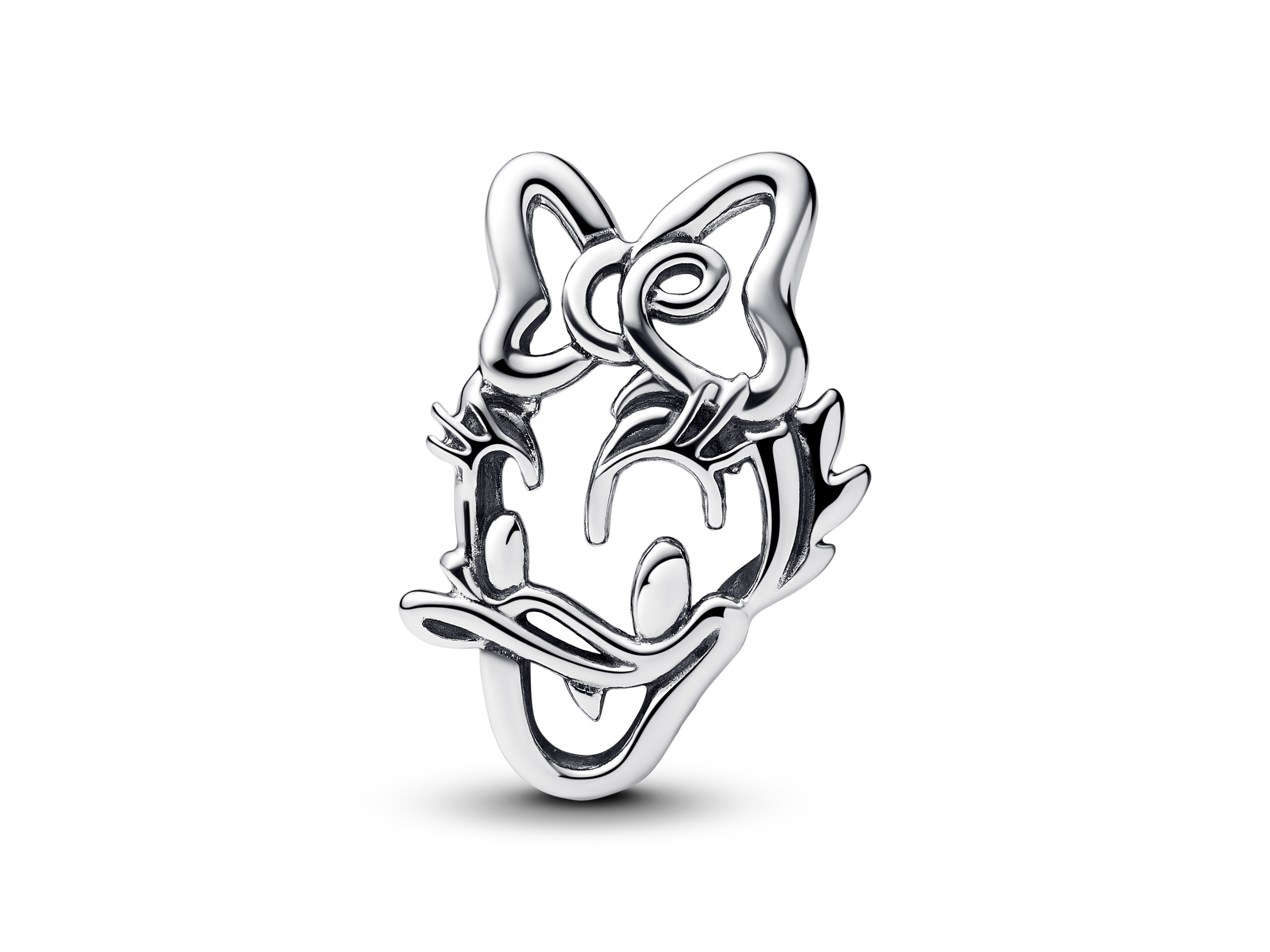 Pandora 793910C00 - Disney Daisy Duck charm - Sterling Silber Die Abbildung zeigt einen charm von Pandora in Form des Kopfes von Daisy Duck, gefertigt aus Sterlingsilber mit detaillierten Konturen und charakteristischer Schleife.