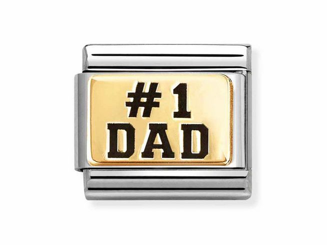 Eine elegante Emaille-Beads mit der Aufschrift Nummer eins Dad in gold und schwarz, ideal für eine personalisierte Schmuckkreation. Hersteller Nomination Classic Gold.