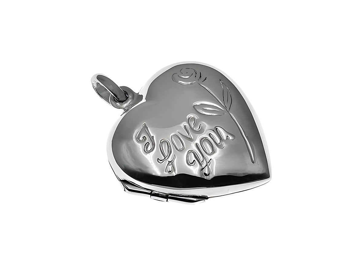 Medaillon Herz gewölbt aus Silber mit verschnörkeltem Design und der Gravur I Love You sowie einer Rose, Hersteller Juwelier Harnisch, ideal als romantisches Geschenk.