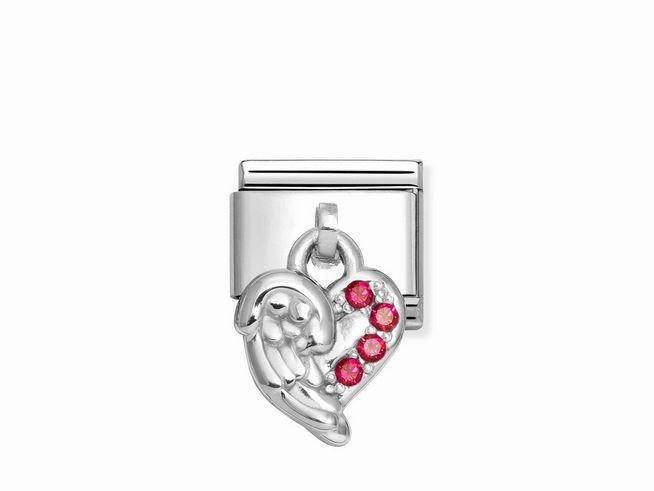 Charm von Nomination mit einem roten Zirkonia Herz und Flügeln aus Sterling Silber und Edelstahl, ideal für persönliche Armbänder.