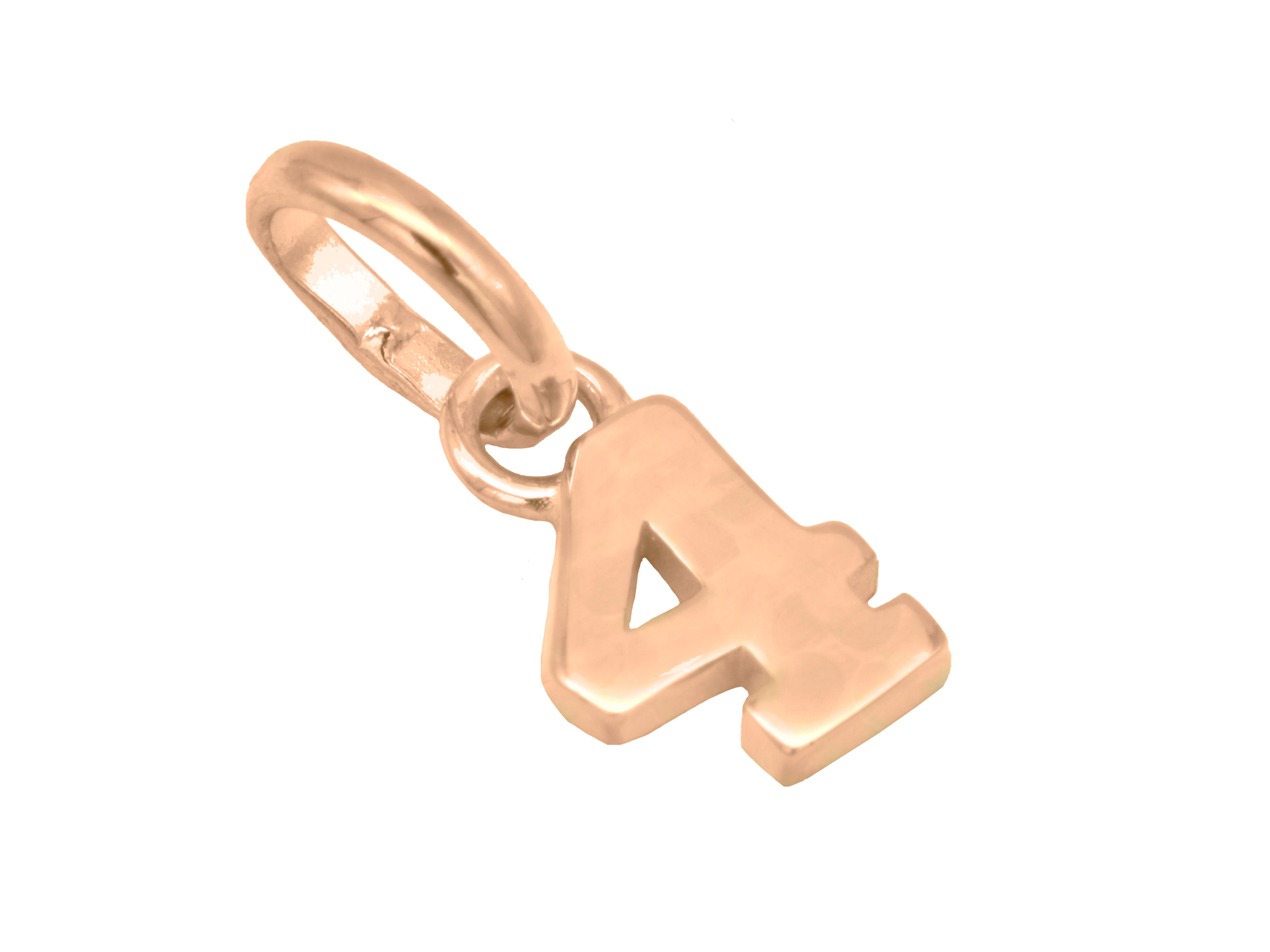 Silber Anhänger Zahl 4 aus Sterling Silber, roségold vergoldet und poliert, steht für die Glückszahl, hergestellt von Juwelier Harnisch. Ideal als persönliches Schmuckstück.