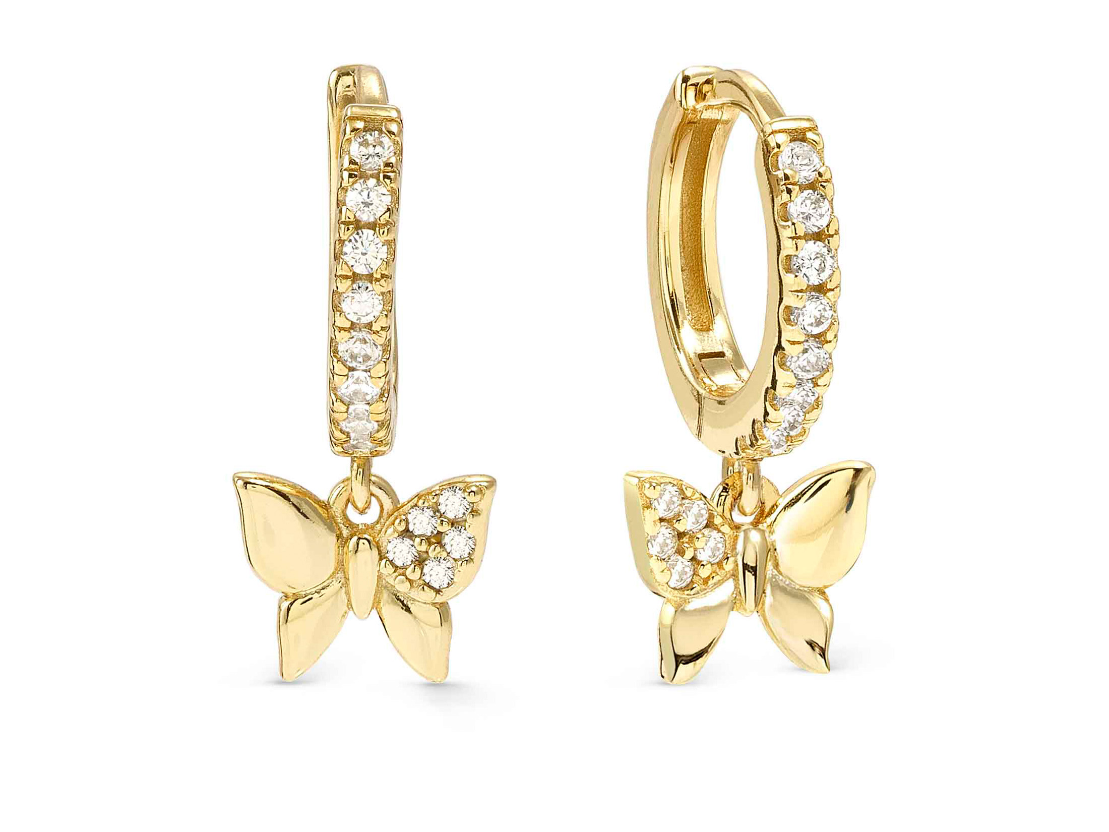 Sterling Silber Creolen in vergoldeter Ausführung mit Schmetterlingsanhänger und funkelnden Zirkonia-Steinen, Hersteller Pandora, Modell 242305 42 Petit Sparkle, Neuheiten.