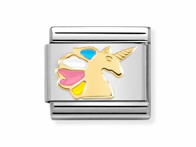 Edelstahlarmband mit einem märchenhaften, emaillierten Einhorn in Gold und bunten Farben, ideal für einen stilvollen Look oder als Geschenk.