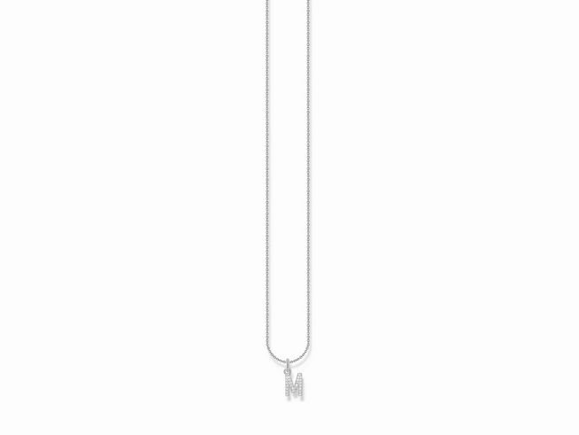 Silberne Kette von Thomas Sabo mit Buchstabe M, verziert mit weißen Zirkonia, verstellbar von 38 bis 45 cm, elegant und modern im Design.