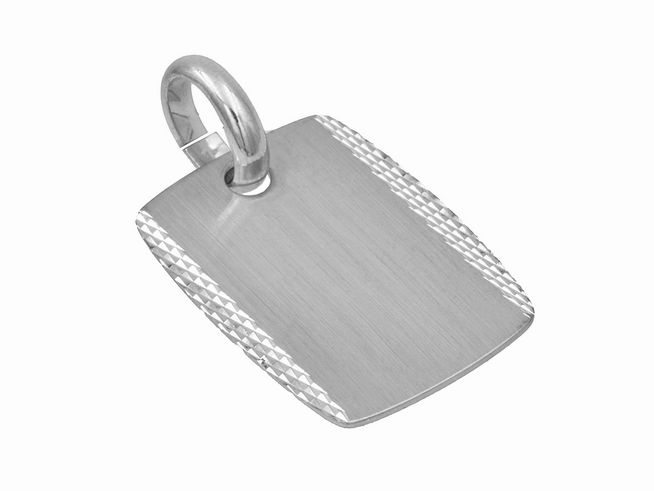 Anhänger Gravurplatte aus sterling Silber, mattiert und rhodiniert, hergestellt von Juwelier Harnisch, in schlichtem Design mit einer strukturierten Kante.