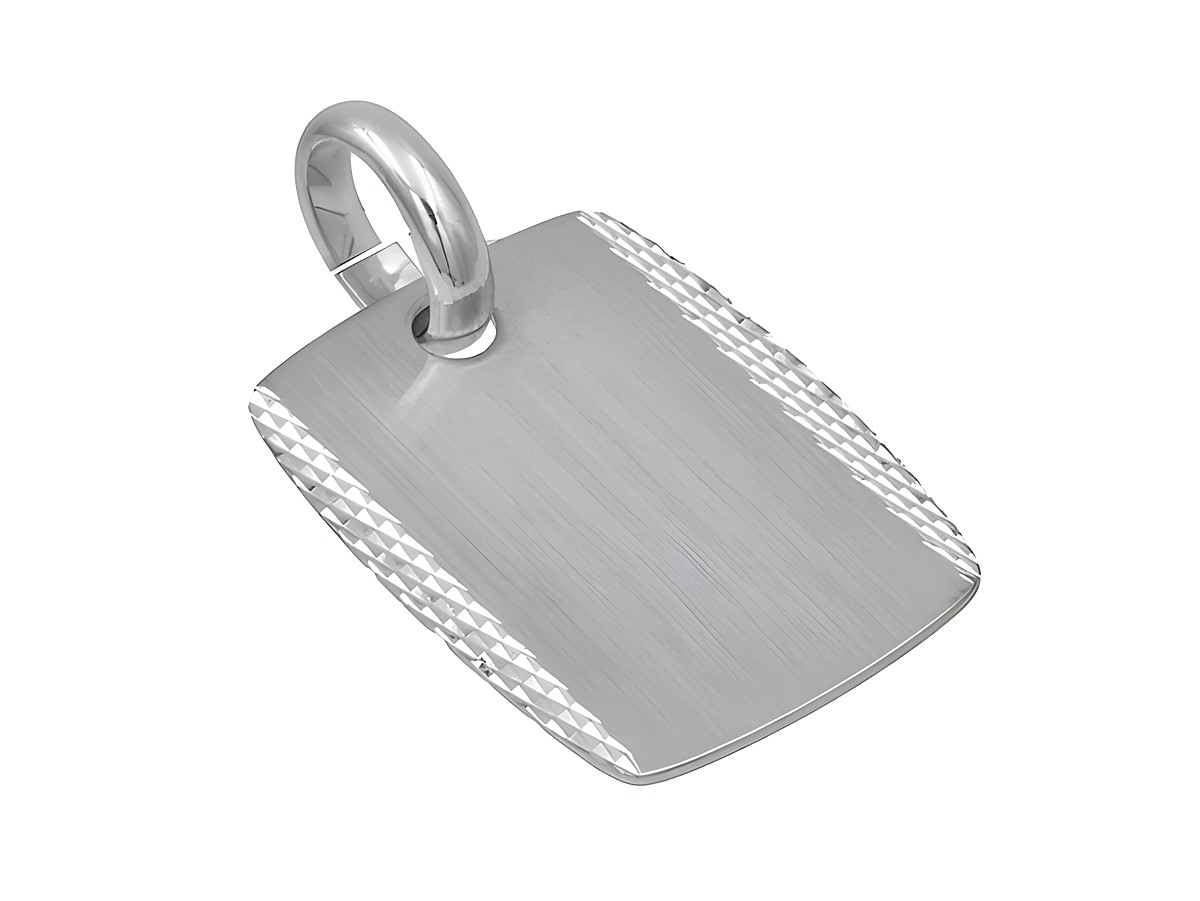 Anhänger Gravurplatte aus sterling Silber, mattiert und rhodiniert, hergestellt von Juwelier Harnisch, in schlichtem Design mit einer strukturierten Kante.