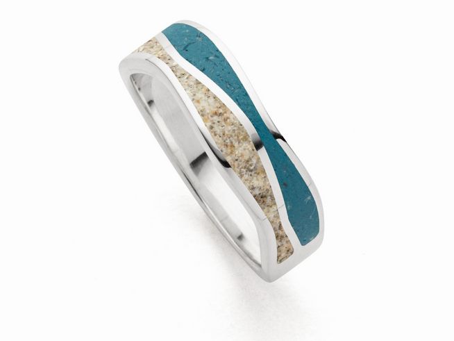 Sterling Silber Ring mit Welle, kombiniert mit Strandsand und blauem Steinsand, Größe 54, Hersteller DUR. Der Ring hat ein modernes, fließendes Design mit harmonischen Farbakzenten.