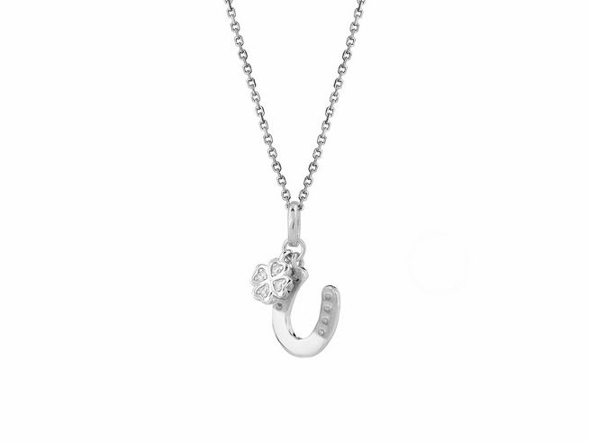 Xenox Sterling Silber Kette XS3455K in 40-45 cm mit Ankerkette, verziert mit einem Hufeisen und Kleeblatt, symbolisiert Glück und Eleganz.