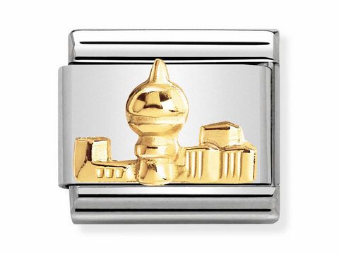 Goldener Anhänger mit dem Motiv des Fernsehturms Berlin und stilisierten Gebäuden, aus der Composable Classic Serie von Nomination, gefertigt in Deutschland.