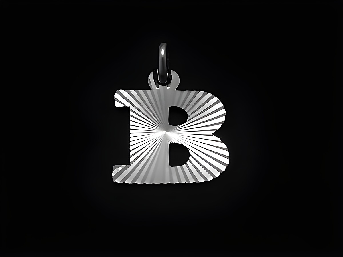 Anhänger in Form des Buchstabens B aus rhodiniertem Sterling Silber, hergestellt von Juwelier Harnisch, glänzende Oberfläche mit feiner Musterung.