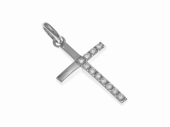Hängender Kreuzanhänger aus poliertem rhodinierten Sterling Silber, verziert mit Zirkonia, Hersteller Juwelier Harnisch, ideal als stilvolles Schmuckstück mit Stein.