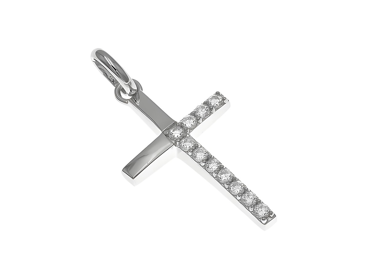 Hängender Kreuzanhänger aus poliertem rhodinierten Sterling Silber, verziert mit Zirkonia, Hersteller Juwelier Harnisch, ideal als stilvolles Schmuckstück mit Stein.