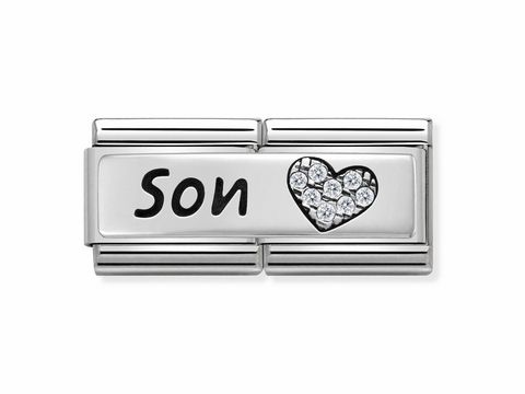433073103-0 Silberner Charm mit dem Schriftzug Son und einem herzförmigen Motiv aus kleinen, funkelnden Steinen, passend für die Nomination Composable DOUBLE Classic Kollektion.