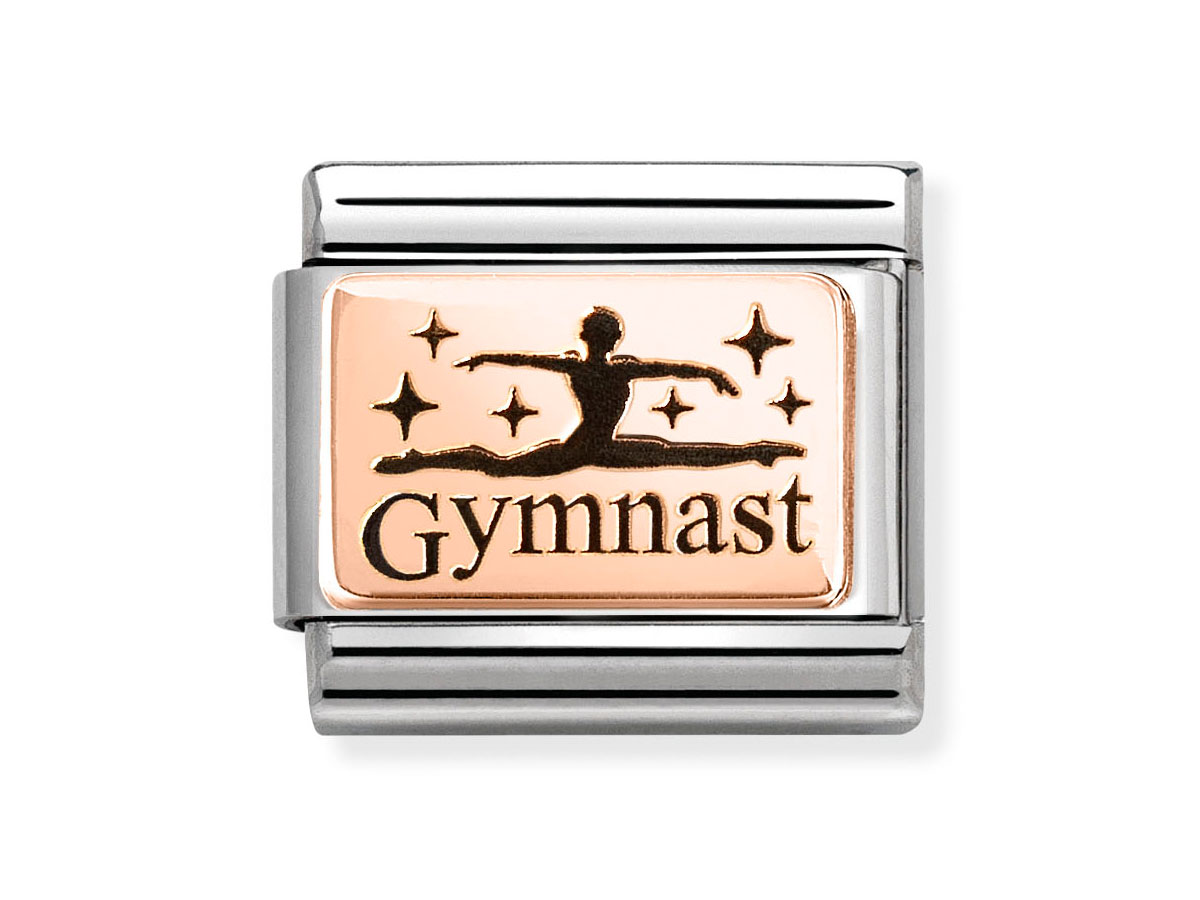 Plättchen aus Roségold mit Gravur einer Gymnastin und dem Schriftzug Gymnast, umrandet von funkelnden Sternen, Teil der Nomination 430111 30 CLASSIC Kollektion.