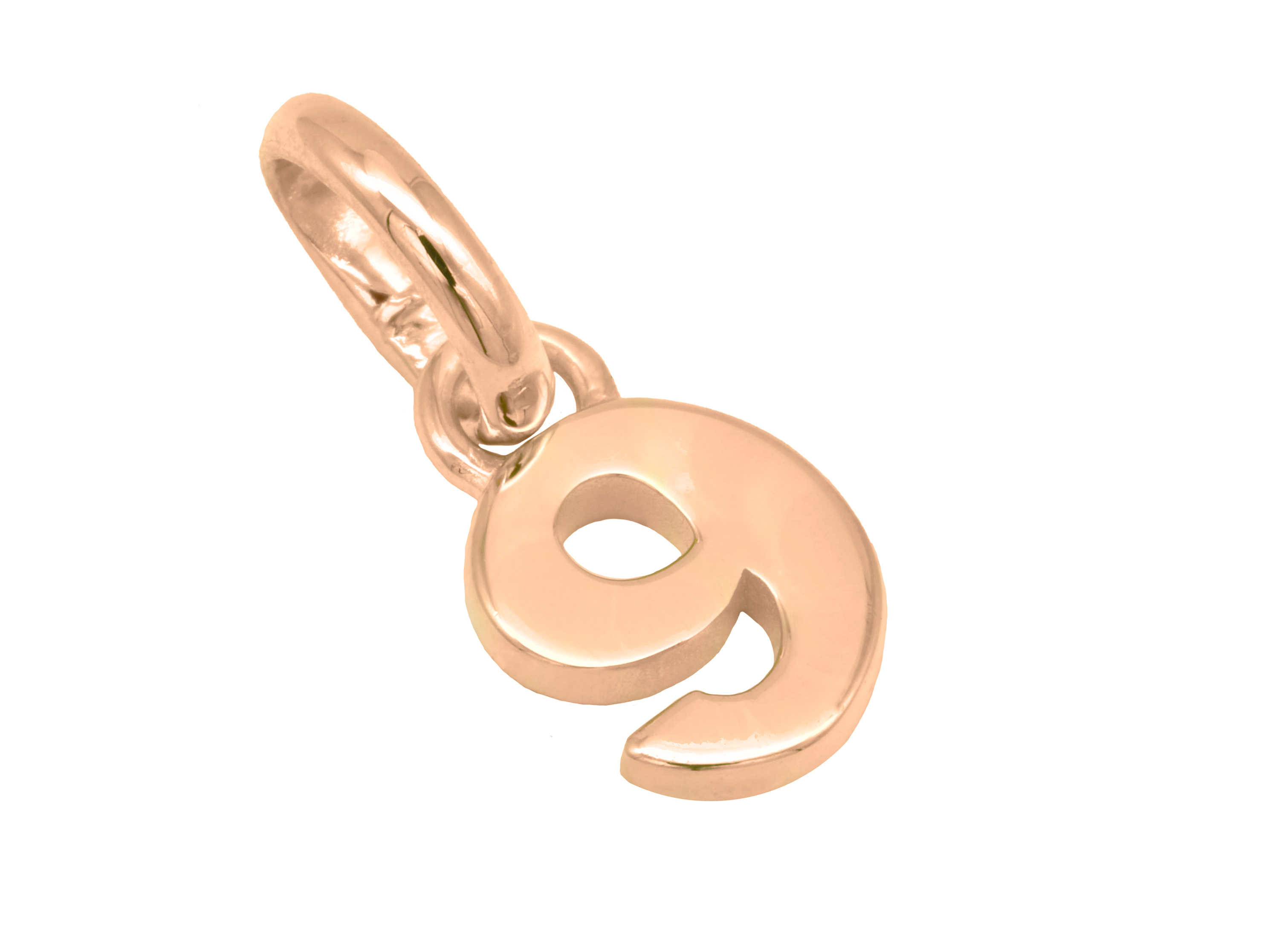 Silber Anhänger Zahl 9 aus Sterling Silber, roségold vergoldet und poliert, mit glänzender Oberfläche, symbolisiert Glück und ist erhältlich bei Juwelier Harnisch.
