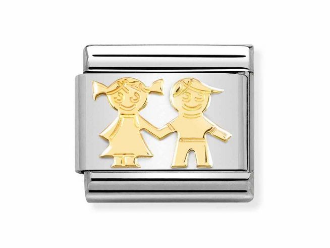 Edelstahlarmband mit goldenen Figuren eines Mädchens und eines Jungen, die Hand in Hand stehen, als Symbol für Geschwisterliebe, Hersteller Nomination, Modell 030162 69 Classic.