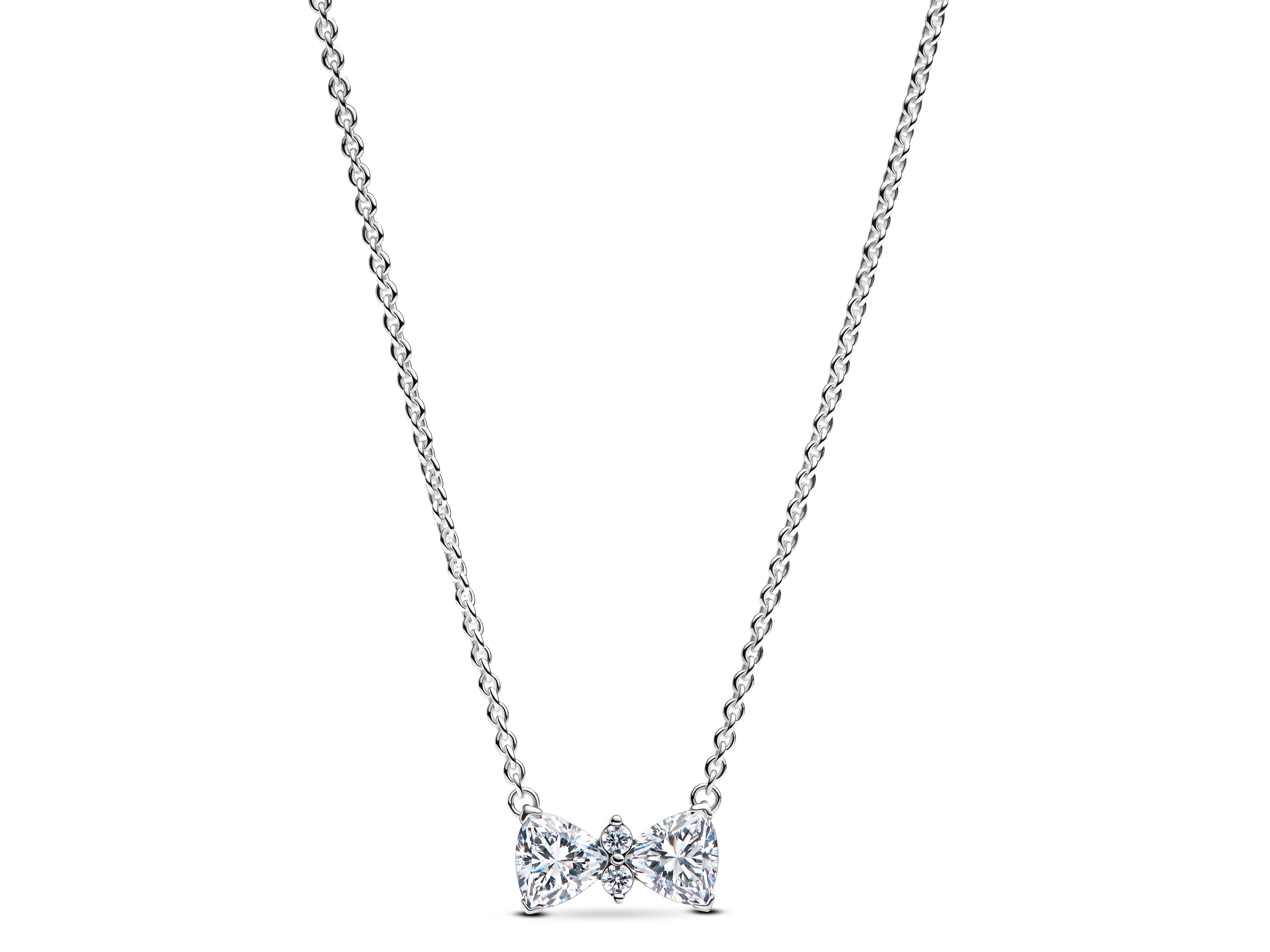 Elegantes Pandora Collier aus Silber mit klarem Zirkonia in Form einer Schleife, Länge 45 cm, perfekt für jeden Anlass und geschmackvolle Akzente.