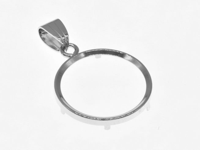 Ein schlichter Anhänger aus rhodiniertem 925 Sterling Silber mit einem Durchmesser von 21 mm, geeignet für Münzen bis 2,5 cm, Hersteller Juwelier Harnisch.