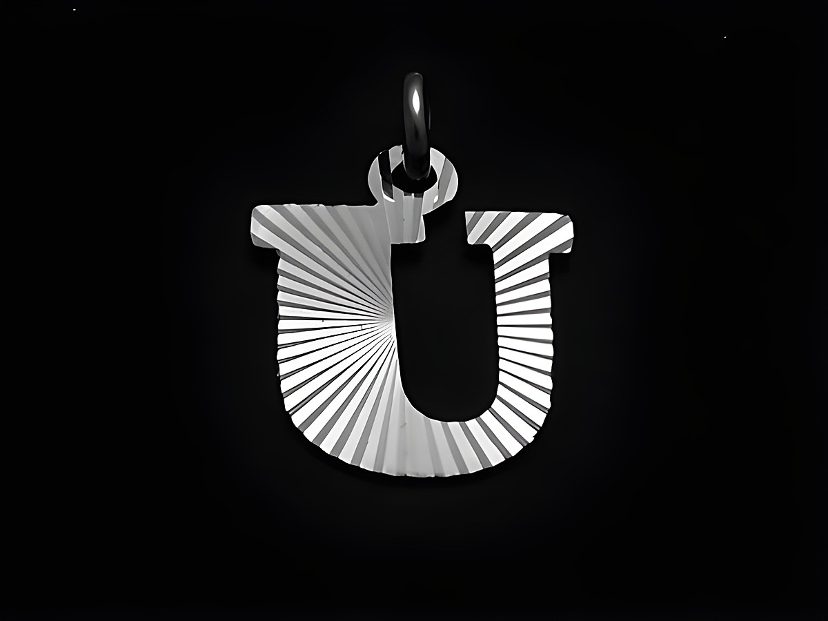Sterling Silber Buchstaben Anhänger mit Diamantschliff in Form des Buchstabens U, Hersteller Juwelier Harnisch, glänzende Oberfläche und modernes Design.