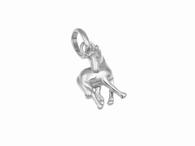 Ein Anhänger in Form eines Pferdes aus rhodiniertem Sterling Silber, hergestellt von Juwelier Harnisch, ideal für Tierliebhaber und als Schmuckstück geeignet.
