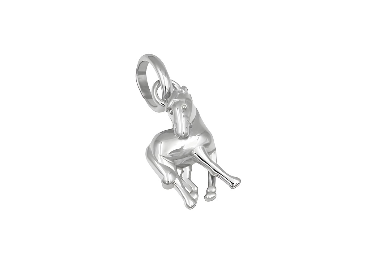 Ein Anhänger in Form eines Pferdes aus rhodiniertem Sterling Silber, hergestellt von Juwelier Harnisch, ideal für Tierliebhaber und als Schmuckstück geeignet.