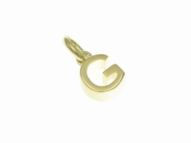 Anhänger aus poliertem Sterlingsilber in Form des Buchstabens G, vergoldet in Gelbgold, hergestellt von Juwelier Harnisch. Elegantes und zeitloses Schmuckstück.