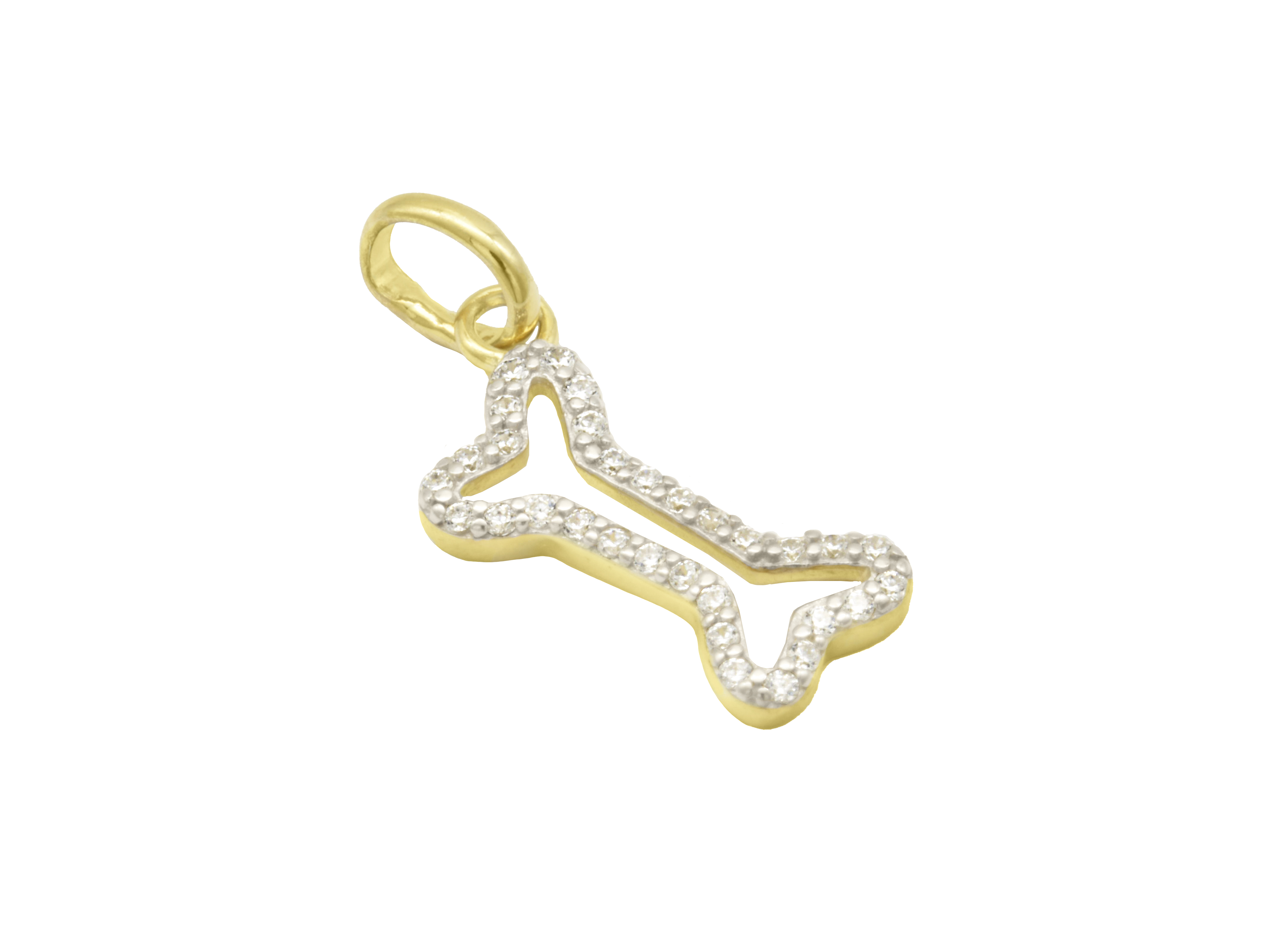 Knochenanhänger aus Sterling Silber 925, vergoldet in poliertem Gelbgold, verziert mit Zirkonia, ideal für Tierliebhaber, hergestellt von Juwelier Harnisch.