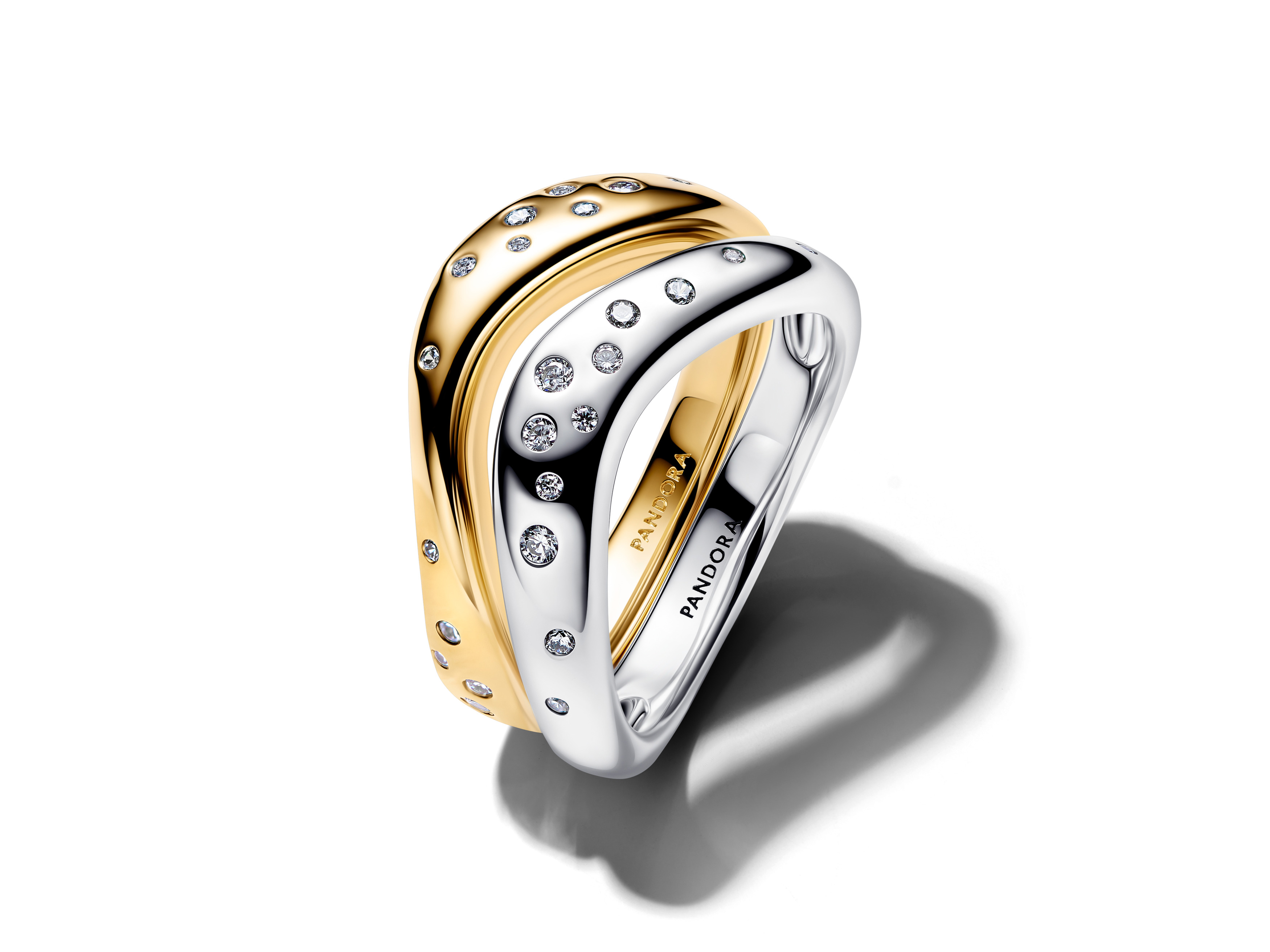 Pandora 164674C01-60 - Organisch geformte bicolor Stapelringe Zirkonia Gr. 60 - Gelbgold Vergoldung