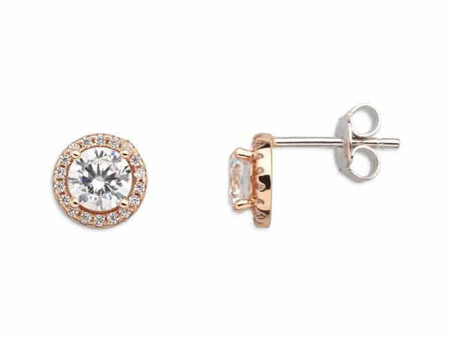 Xenox Sterling Silber Ohrringe XS7365R in Roségold Vergoldung mit glänzendem zentralem Stein und funkelndem Kreis aus kleinen Steinen, eleganter Ohrschmuck für besondere Anlässe.