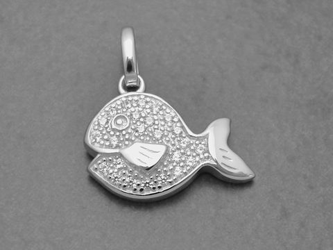 Kugelfisch Sterling Silber Anhänger mit Zirkonia von Juwelier Harnisch, in Form eines stilisierten Fisches aus glänzendem Silber, ideal als modisches Tiermotiv.