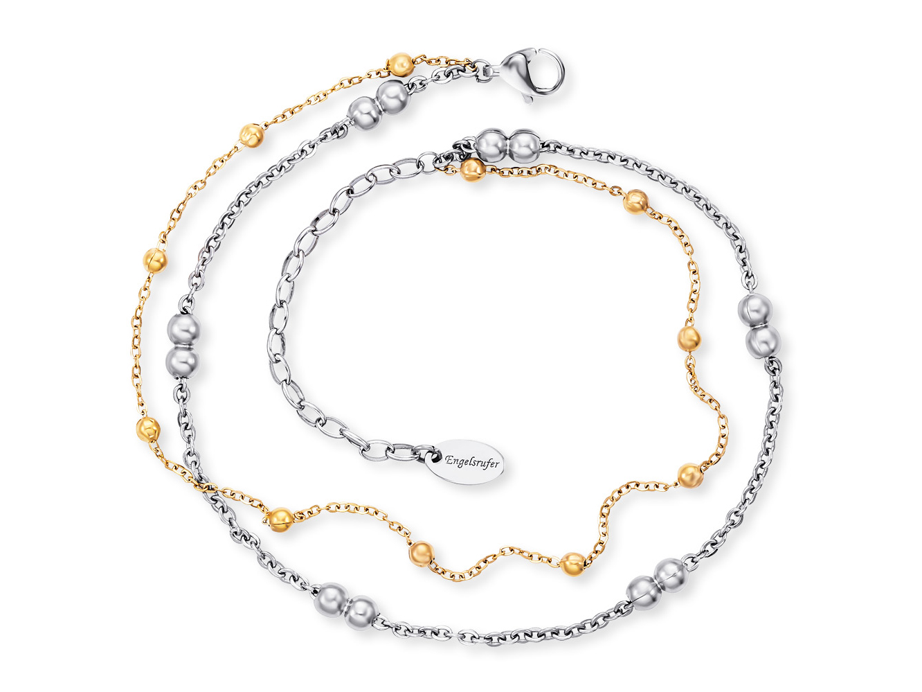 Engelsrufer ERFS-LILMOON-G MOON Fußkettchen Moonlight Twin Bicolor - Edelstahl 22 cm Bicolor Fußkettchen von Engelsrufer aus Edelstahl in silber und gold, 22 cm lang, mit glänzenden Perlen und filigranen Gliedern, geeignet für elegante Anlässe und Alltag.
